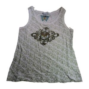 Cabi Sz XL Butterfly Embroidered Green Cream Floral Design Tank Top Cotton 90s